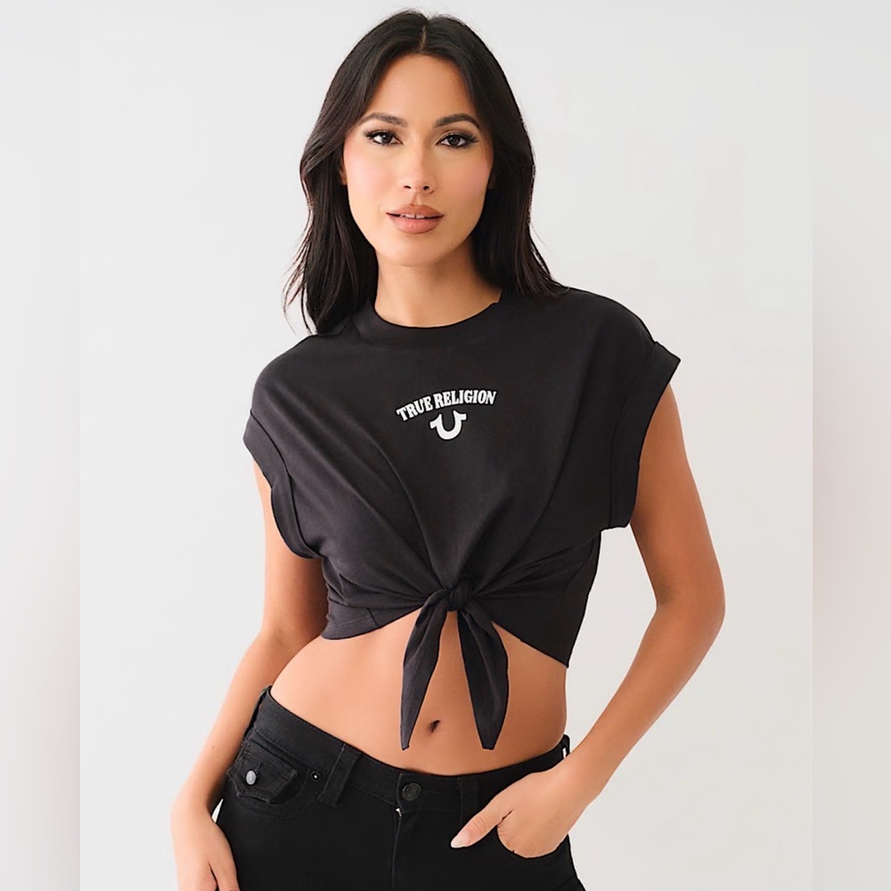 True Religion Black Logo Front Tie Crew Tee Crop Top Size Small